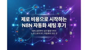 제로 비용으로 시작하는 N8N 자동화 세팅 후기 제목이 중앙에 배치된 모던한 배경