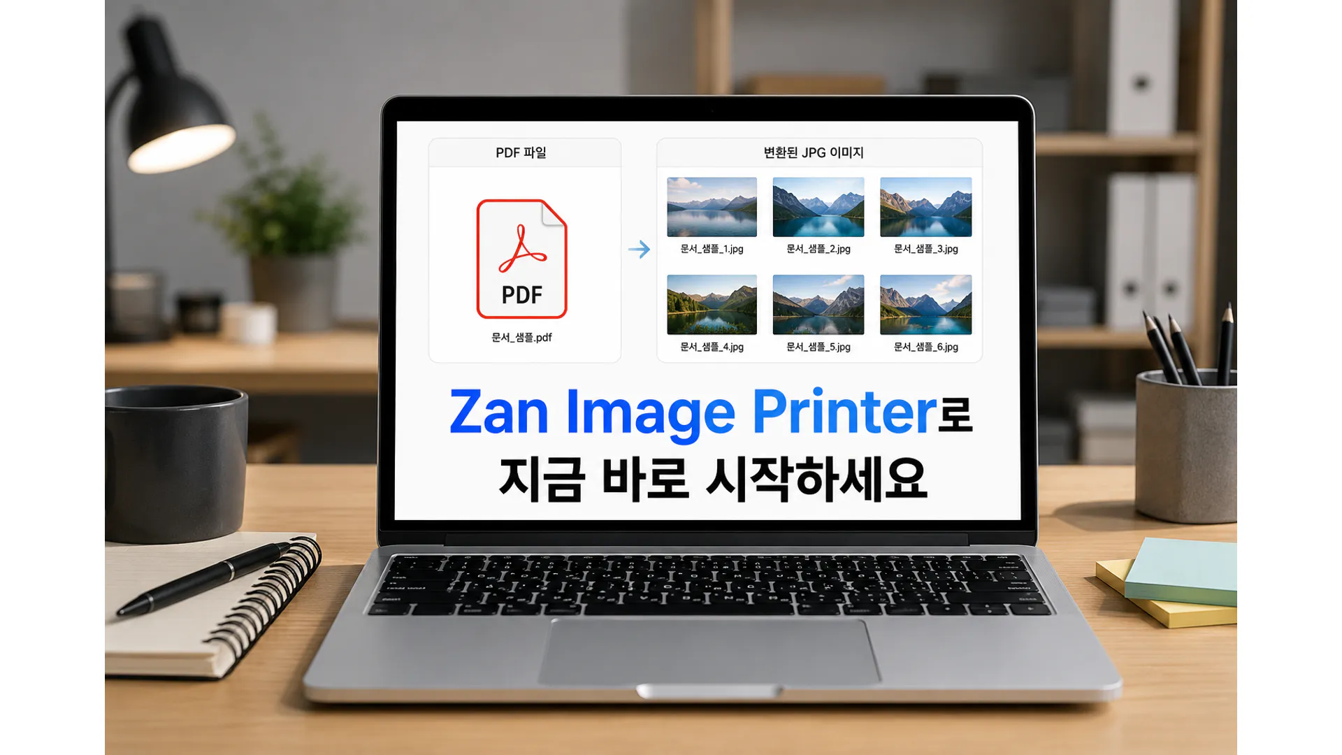 노트북 화면에 PDF 파일과 변환된 JPG 이미지 파일이 나란히 정렬되어 있고 Zan Image Printer로 지금 바로 시작하세요 문구가 표시된 모습