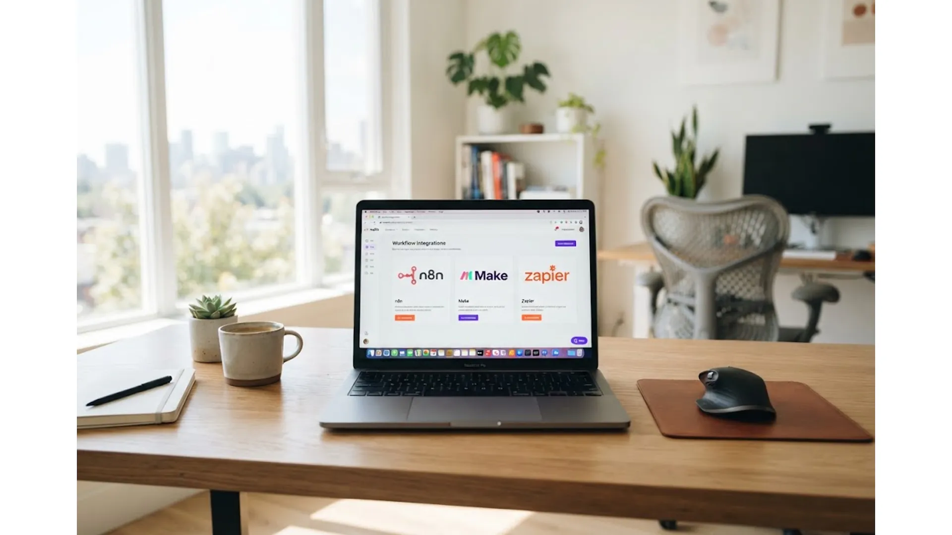 노트북 화면에 N8N, MAKE, ZAPIER 로고가 나란히 표시된 현대적인 사무실 배경 노트북 화면에 N8N, MAKE, ZAPIER 로고가 나란히 표시된 현대적인 사무실 배경